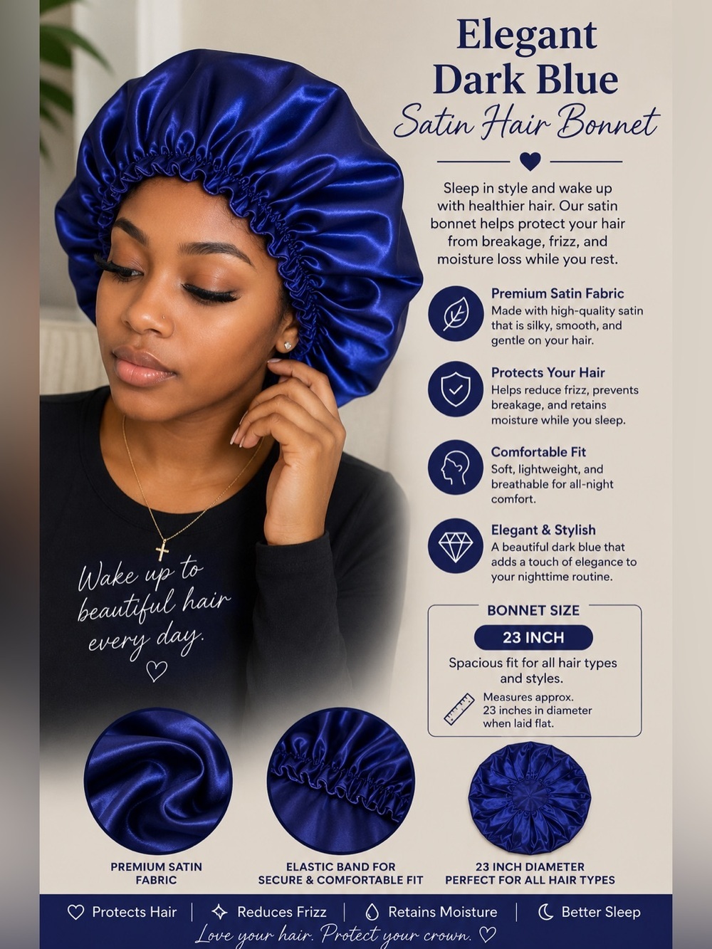 Elegant dark blue Satin Hair Bonnet